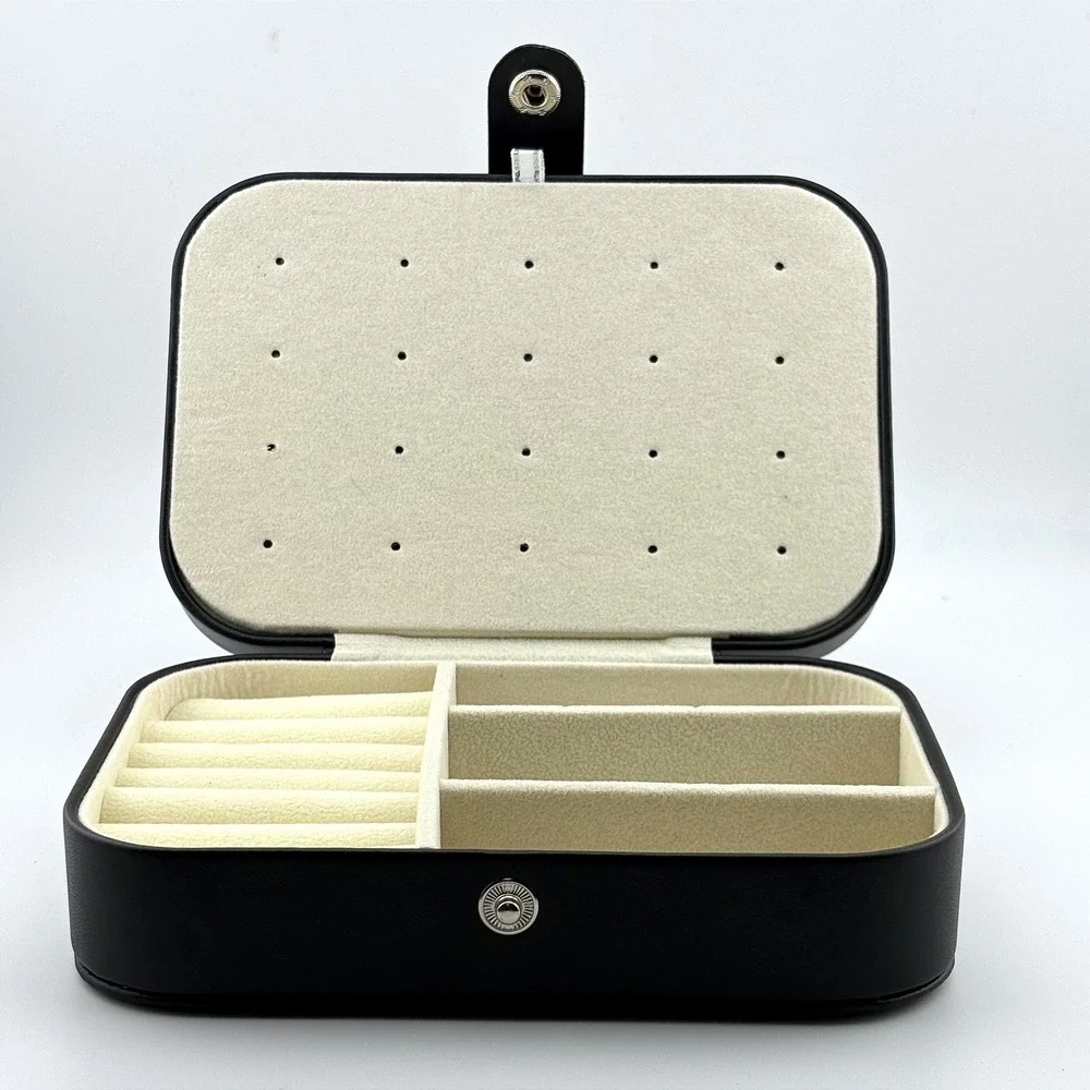 Black Faux Leather Travel Jewelry Box Organizer Case  Ring Rolls Cream‎ Lining